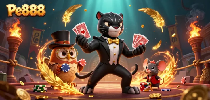 Experience Pe888 with a stylish black panther dealing cards in an ornate casino scene.