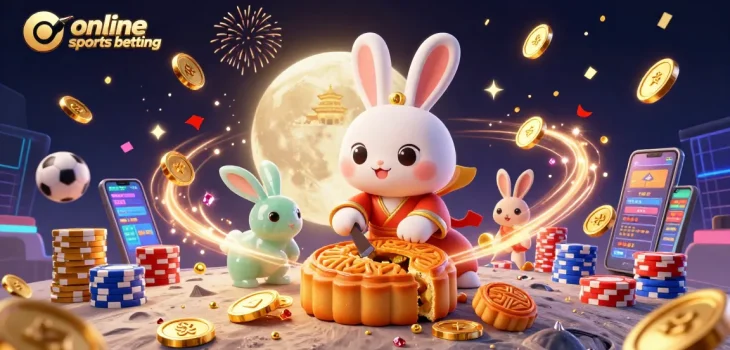 Engage in online sports betting with a vibrant illustration featuring a moon rabbit and dynamic gaming elements.