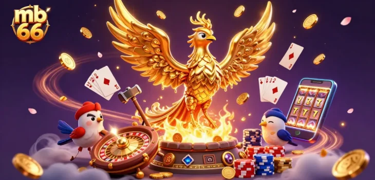 Experience the excitement of mb 66 with golden phoenix and casino elements in a dazzling 3D illustration.