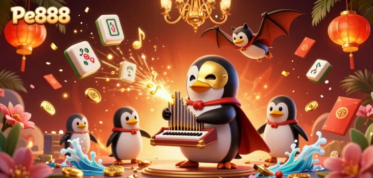 Experience the excitement of Pe888 through a vibrant 3D casino illustration featuring a whimsical penguin and floating game elements.