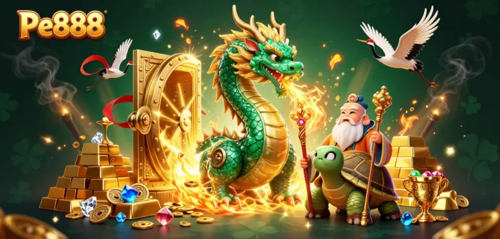 Experience the thrilling world of Pe888 casino with a jade dragon and lucky symbols.