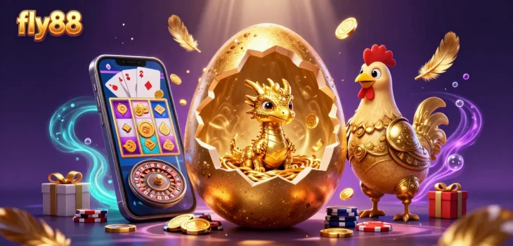 Experience fly88 gaming magic with a 3D golden dragon and poker chips amidst vibrant slots and coins.
