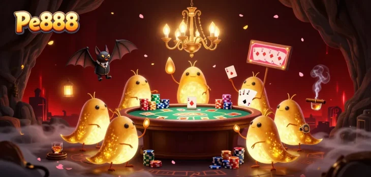Experience the excitement of Pe888 in a vibrant casino scene with glowworms and a bat dealer.