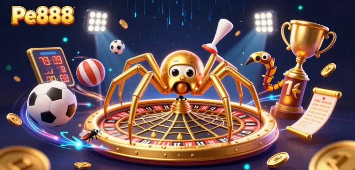 Engage with Pe888’s immersive betting experience featuring a spider roulette and dynamic sports elements.