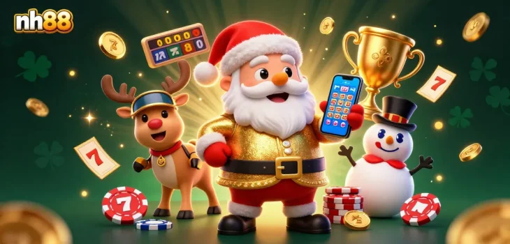 Experience exciting gameplay at nh88 with Santa and friends amidst dynamic jackpot symbols and casino elements.