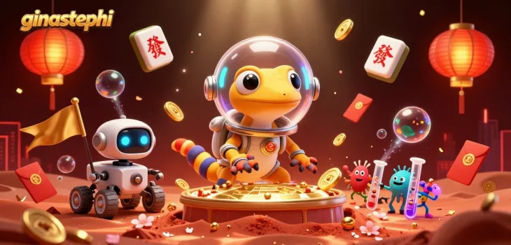 Experience ginastephi with a Martian gecko uncovering a golden casino amidst vibrant elements, creating a unique gaming adventure.