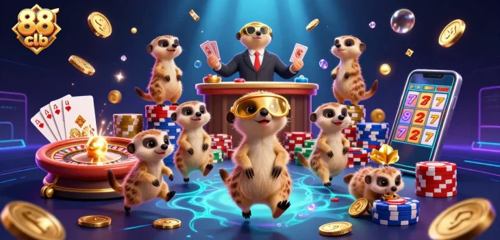 Join the thrilling 88 clb gaming adventure in our dynamic casino scene filled with meerkats and vibrant casino elements.