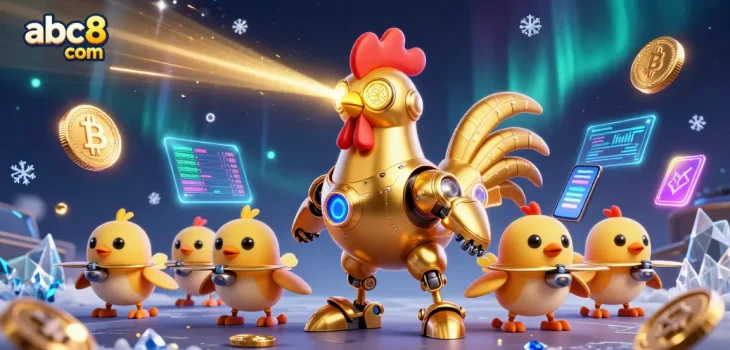 Engage with exciting casino offerings at abc8 com featuring a golden rooster robot with baby chick drones.
