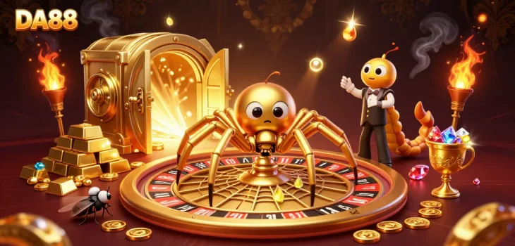 DA88 features a spider and croupier in a casino scene, placing bets in a rich gambling atmosphere.