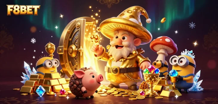 Play thrilling games at F8BET, featuring colorful gems, gold, and magical characters.