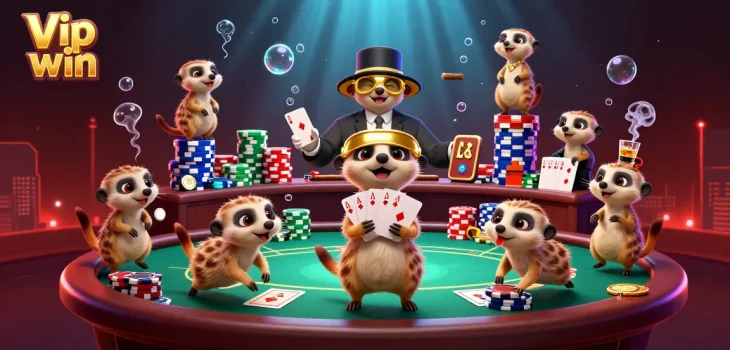 Experience the excitement at Vip win's lively casino illustration with engaging meerkats managing table games.