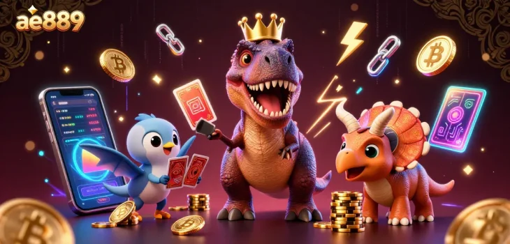 Experience thrilling gaming at ae889 with T-Rex shuffling cards, a pterodactyl assistant, and vibrant crypto elements.