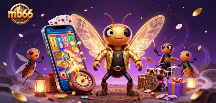 mb66 features a vibrant 3D scene of a rock star bug symbolizing excitement in online casino gaming.
