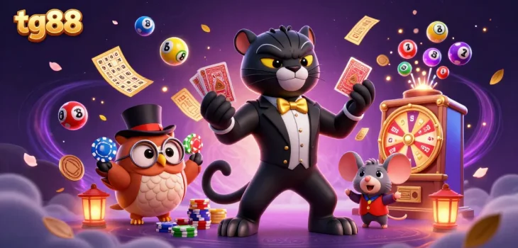Experience tg88's vibrant gambling world with a stylish black panther dealer, owl, and lucky mouse.