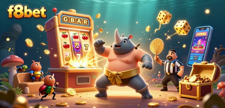 Experience the excitement of f8bet with a lively 3D beetle gambling scene bursting with jackpots and casino symbols.