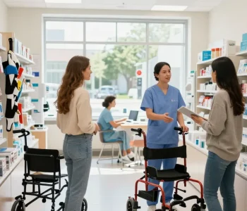 Engaging scene in a medical supply store showcasing various health products and services.
