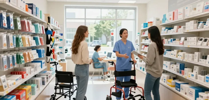 Engaging scene in a medical supply store showcasing various health products and services.